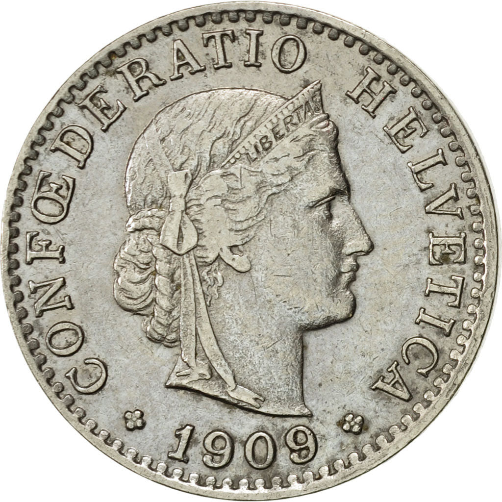 Coin, Switzerland, 20 Rappen, 1909, Bern, AU(50-53), Nickel, KM:29