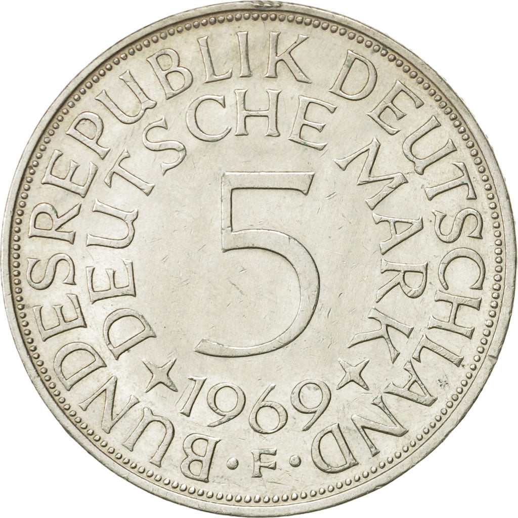 GERMANY - FEDERAL REPUBLIC, 5 Mark, 1969, Stuttgart, AU(55-58), Silver, KM:112.1