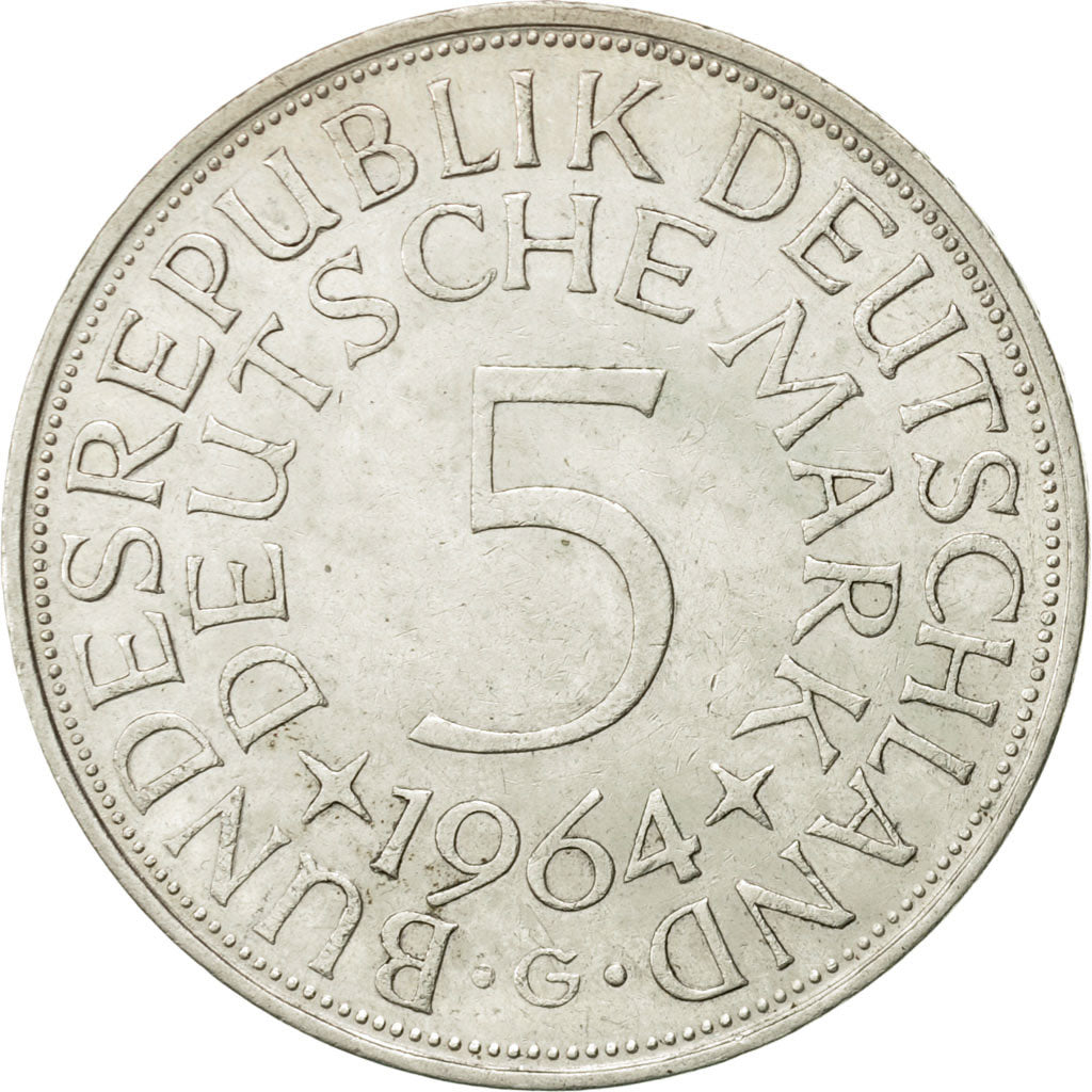 Coin, GERMANY - FEDERAL REPUBLIC, 5 Mark, 1964, Karlsruhe, AU(50-53), Silver