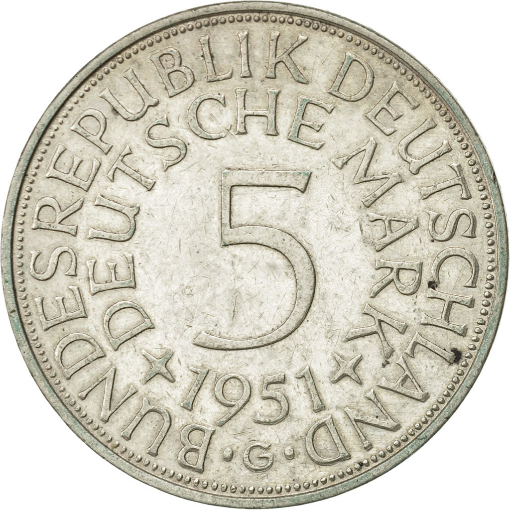 Coin, GERMANY - FEDERAL REPUBLIC, 5 Mark, 1951, Karlsruhe, AU(50-53), Silver