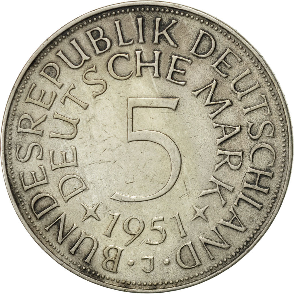 Coin, GERMANY - FEDERAL REPUBLIC, 5 Mark, 1951, Hambourg, EF(40-45), Silver
