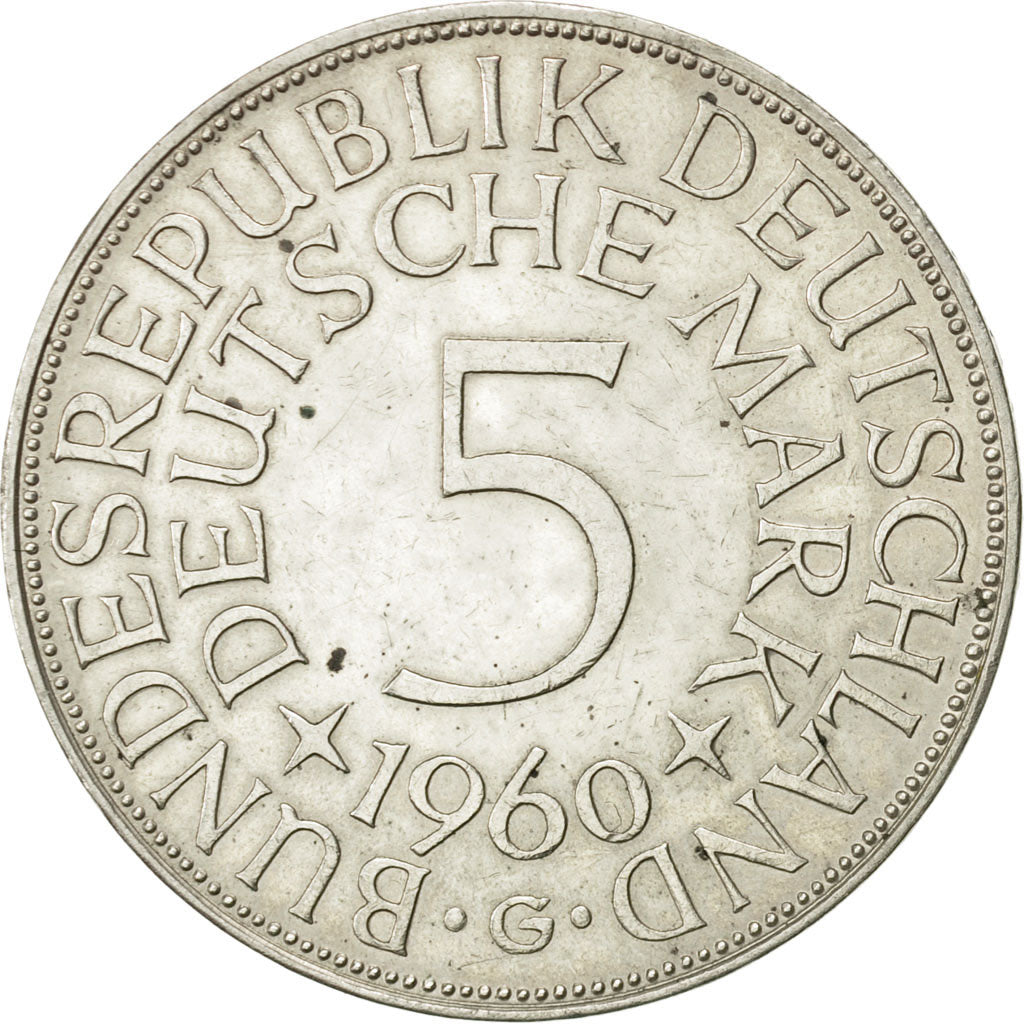 GERMANY - FEDERAL REPUBLIC, 5 Mark, 1960, Karlsruhe, AU(55-58), Silver, KM:112.1