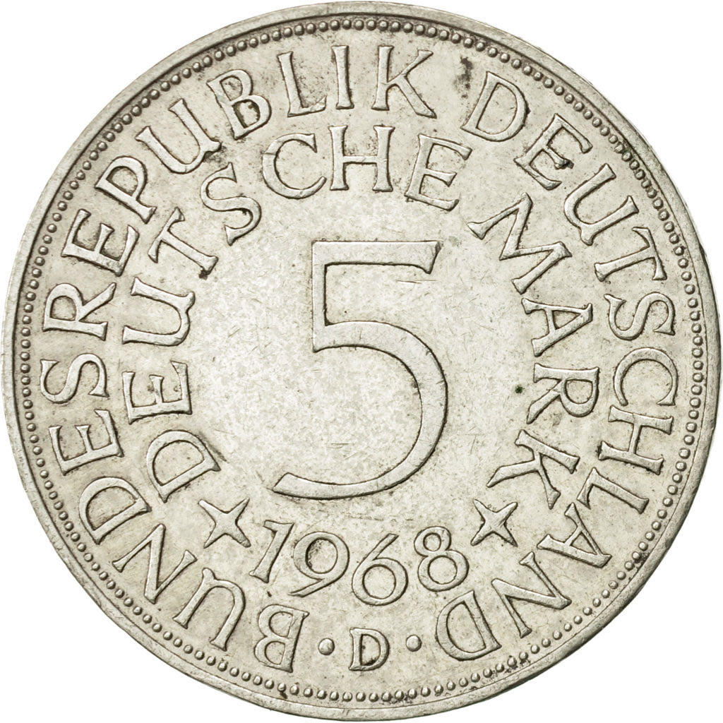 GERMANY - FEDERAL REPUBLIC, 5 Mark, 1968, Munich, AU(55-58), Silver, KM:112.1