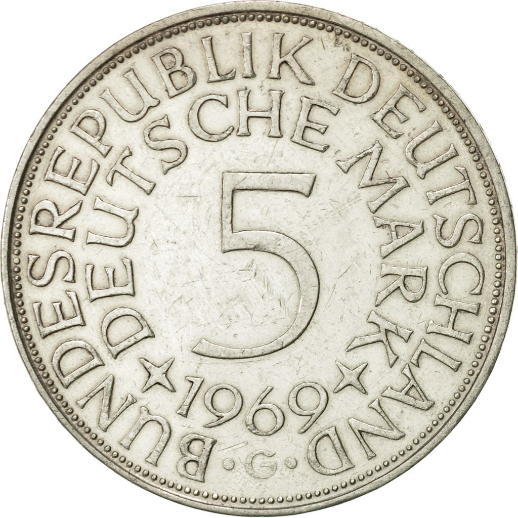 Münze, Bundesrepublik Deutschland, 5 Mark, 1969, Karlsruhe, VZ, Silber