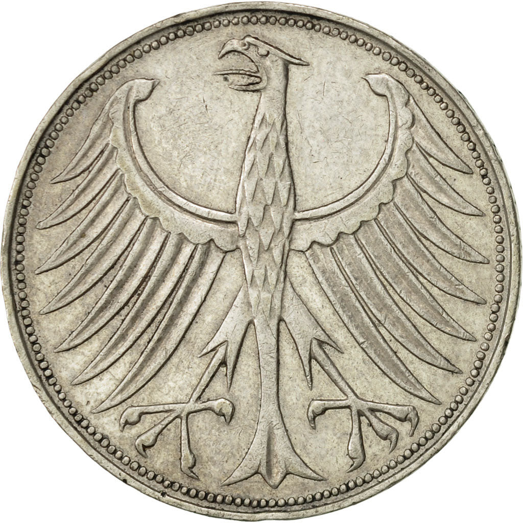 GERMANIA - REPUBBLICA FEDERALE, 5 Mark, 1963, Munich, BB+, Argento, KM:112.1