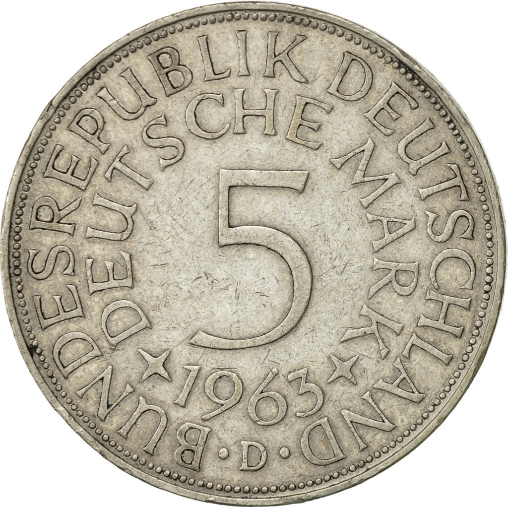 GERMANIA - REPUBBLICA FEDERALE, 5 Mark, 1963, Munich, BB+, Argento, KM:112.1