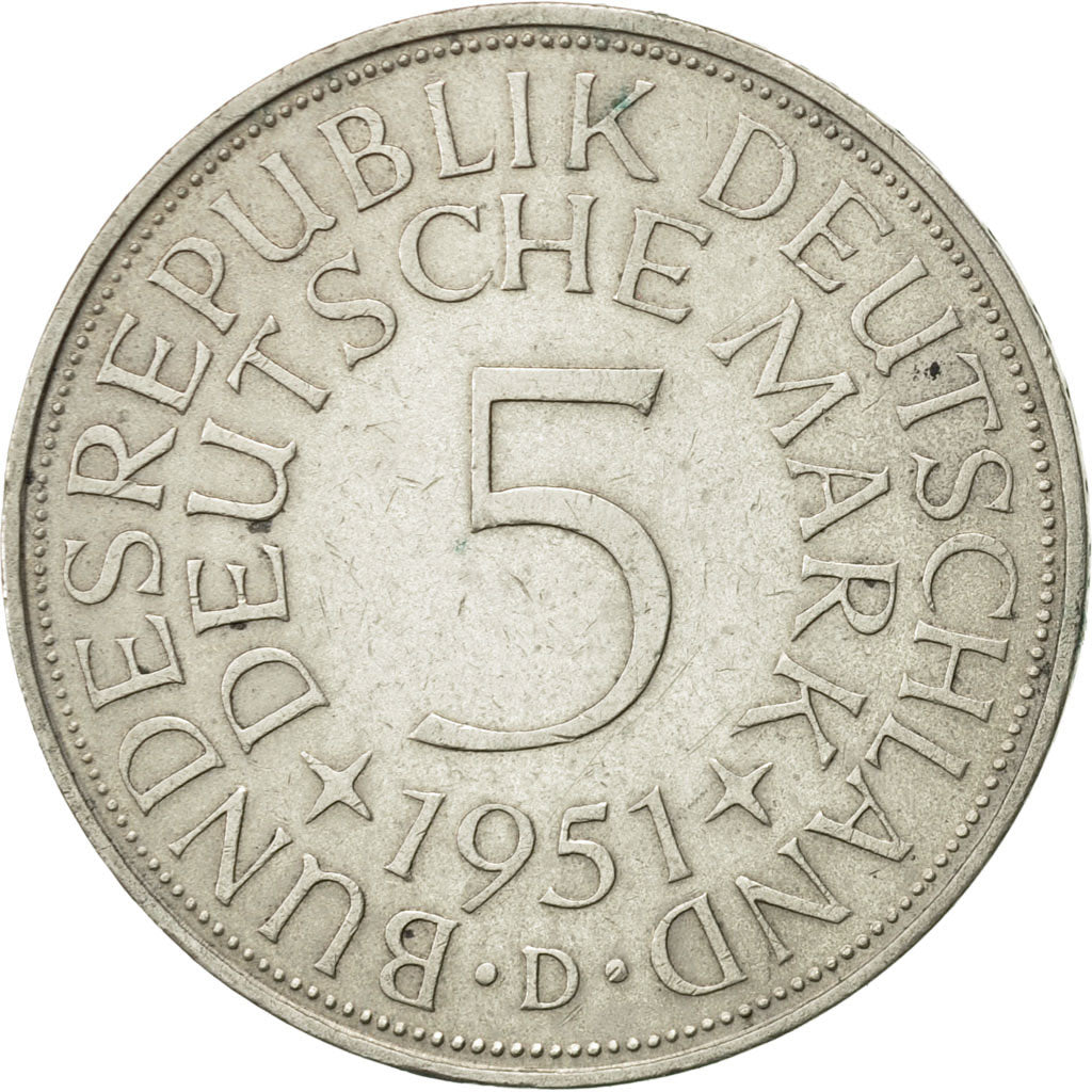 Coin, GERMANY - FEDERAL REPUBLIC, 5 Mark, 1951, Munich, AU(55-58), Silver