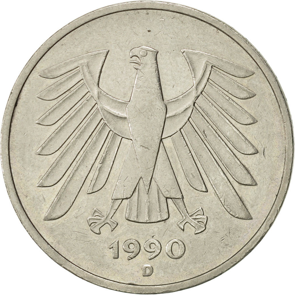 Coin, GERMANY - FEDERAL REPUBLIC, 5 Mark, 1990, Munich, AU(50-53), Copper-Nickel