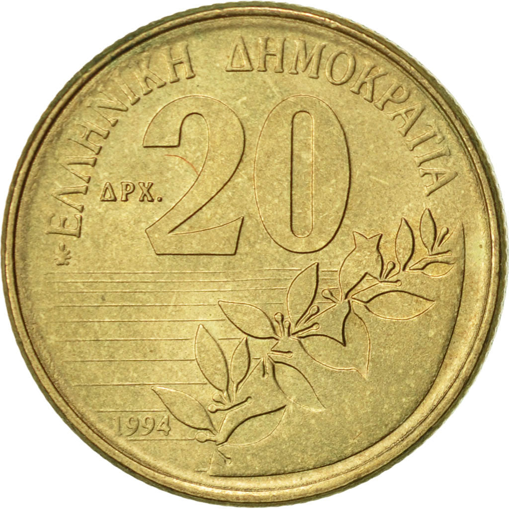 Coin, Greece, 20 Drachmes, 1994, AU(55-58), Aluminum-Bronze, KM:154