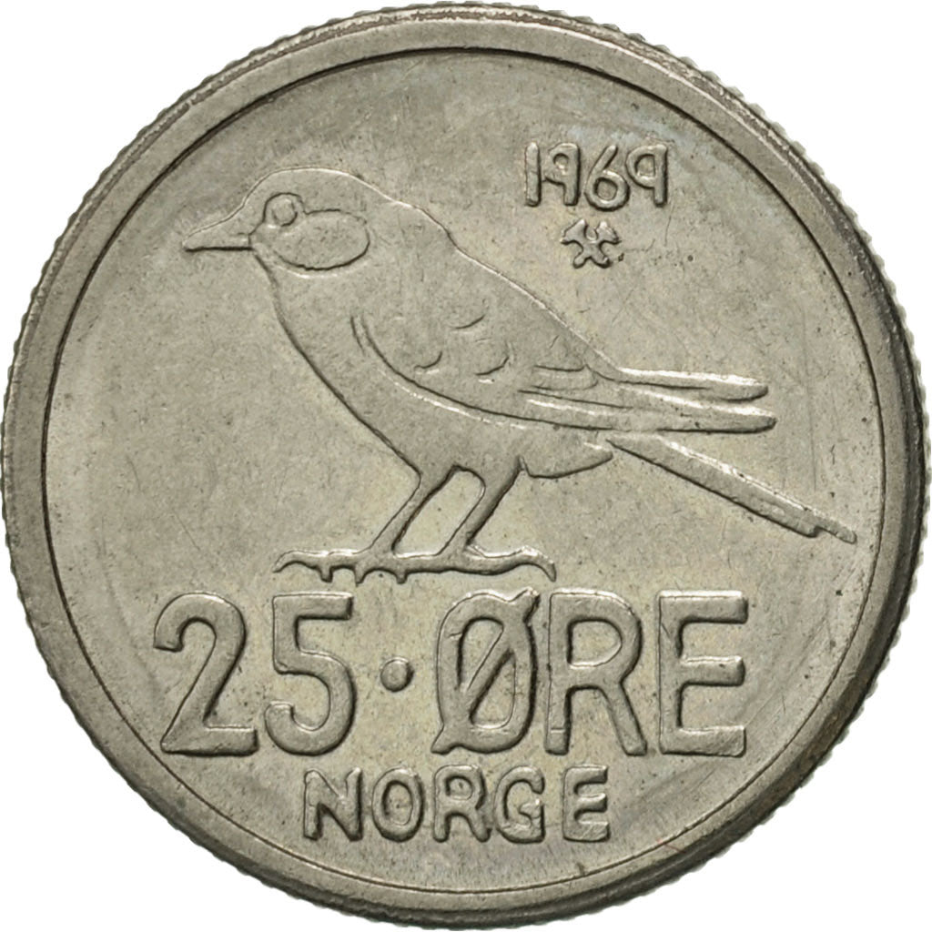 Coin, Norway, Olav V, 25 Öre, 1969, AU(55-58), Copper-nickel, KM:407