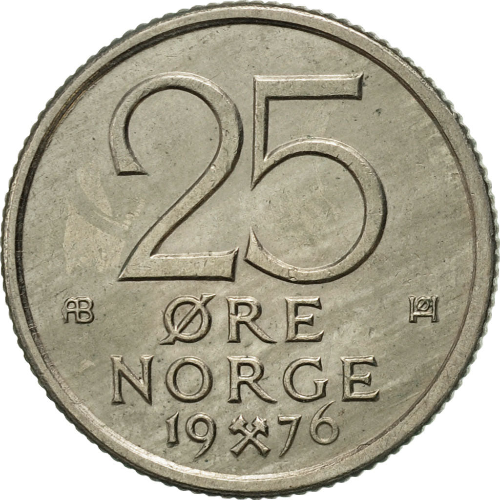 Coin, Norway, Olav V, 25 Öre, 1976, AU(50-53), Copper-nickel, KM:417
