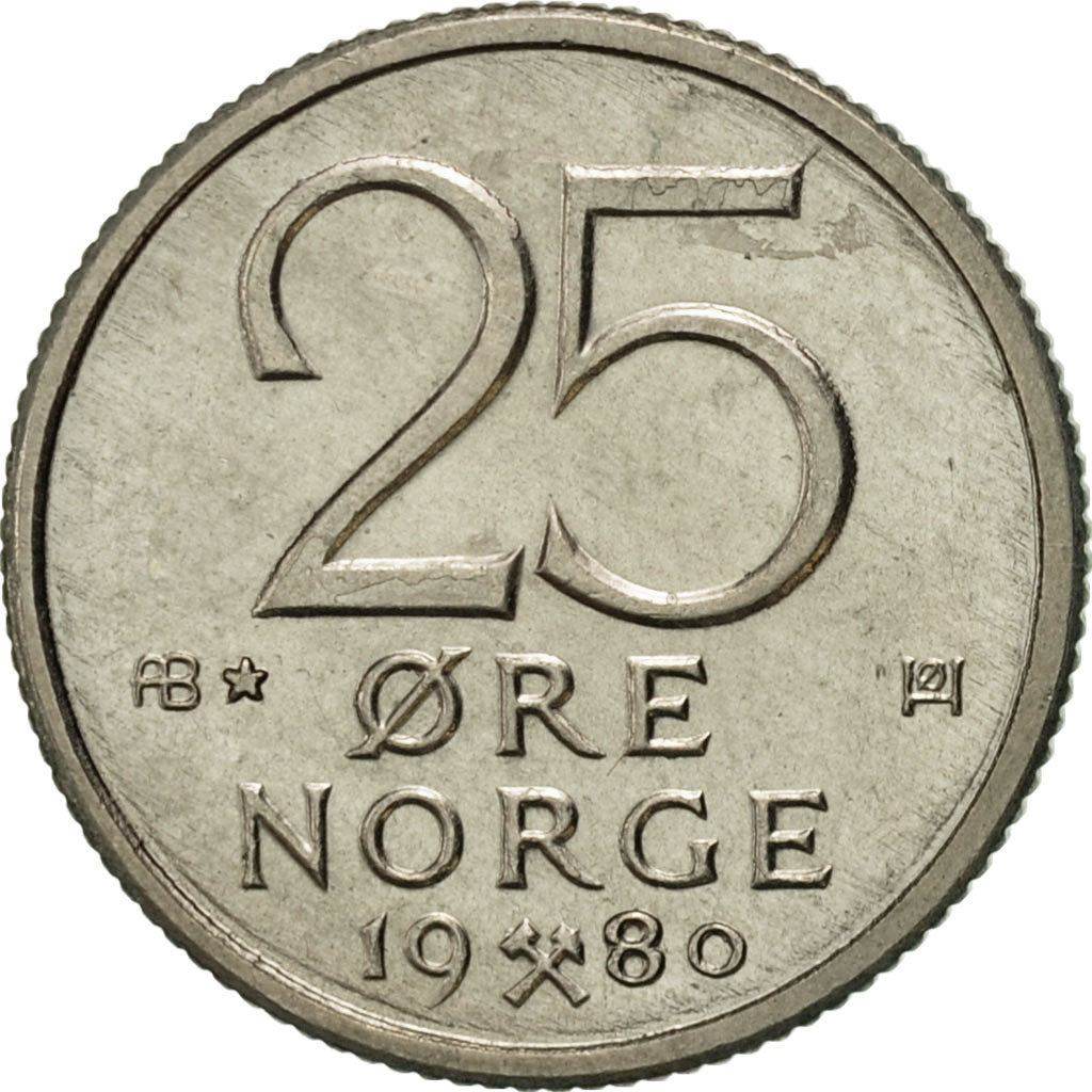 Norway, Olav V, 25 Öre, 1980, AU(55-58), Copper-nickel, KM:417