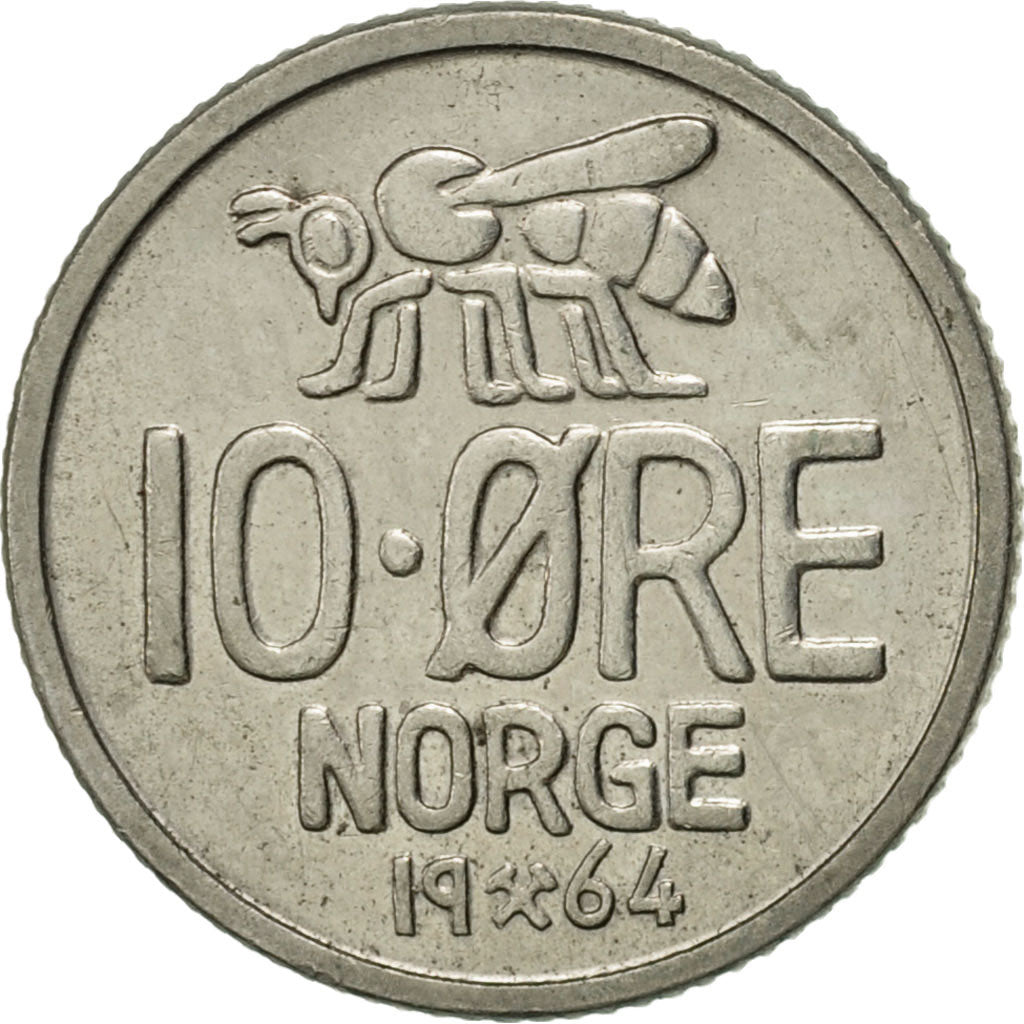 Münze, Norwegen, Olav V, 10 Öre, 1964, SS+, Copper-nickel, KM:411
