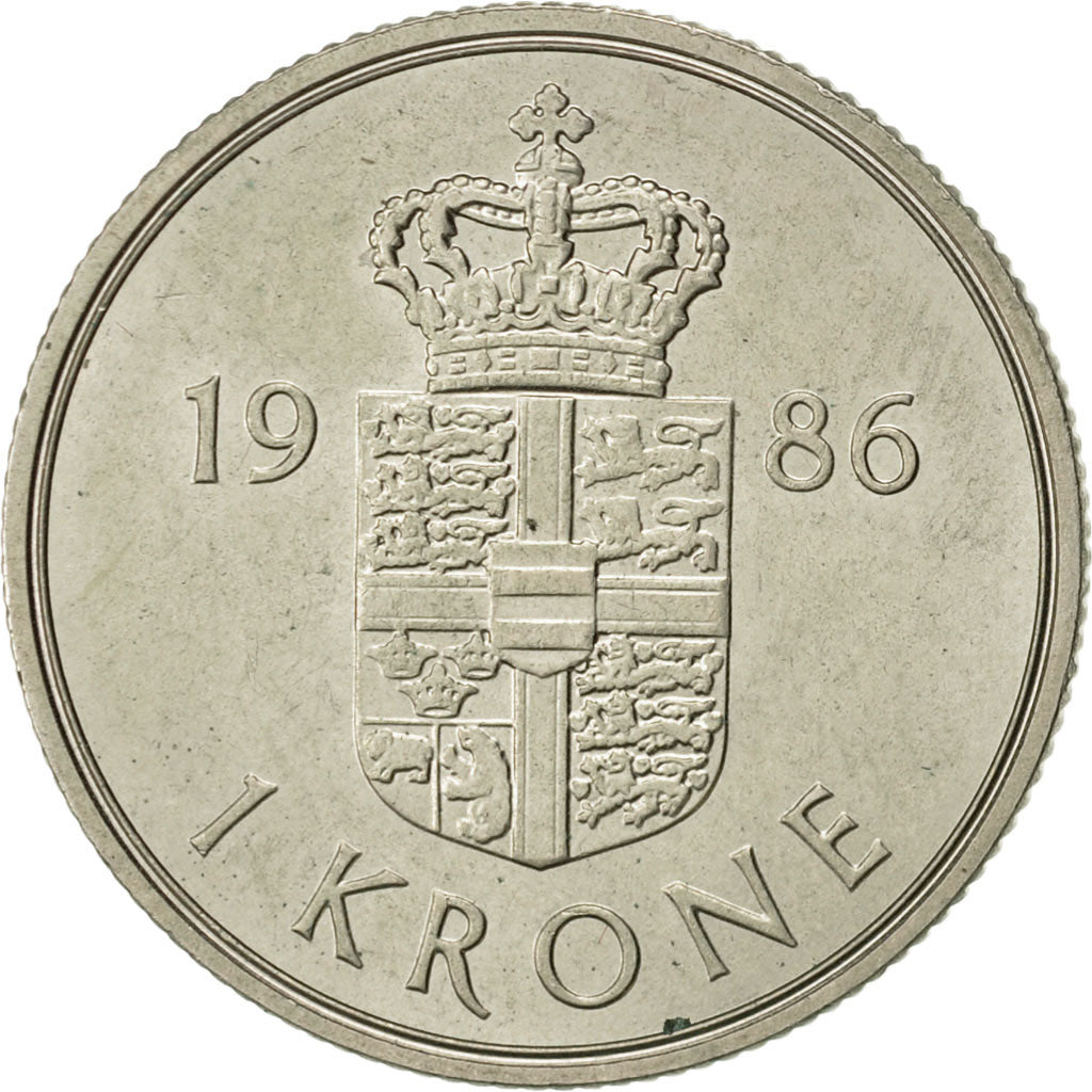 Coin, Denmark, Margrethe II, Krone, 1986, Copenhagen, AU(50-53), Copper-nickel