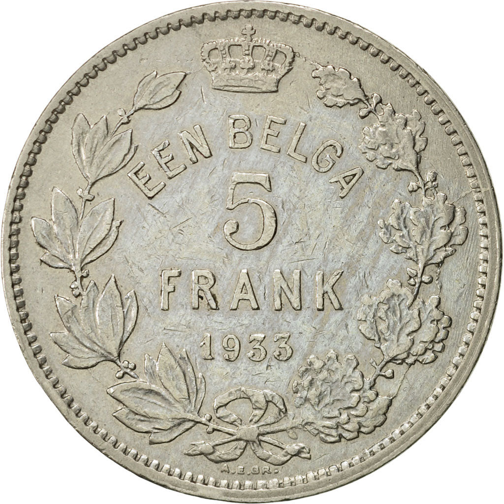 Coin, Belgium, 5 Francs, 5 Frank, 1933, AU(50-53), Nickel, KM:98