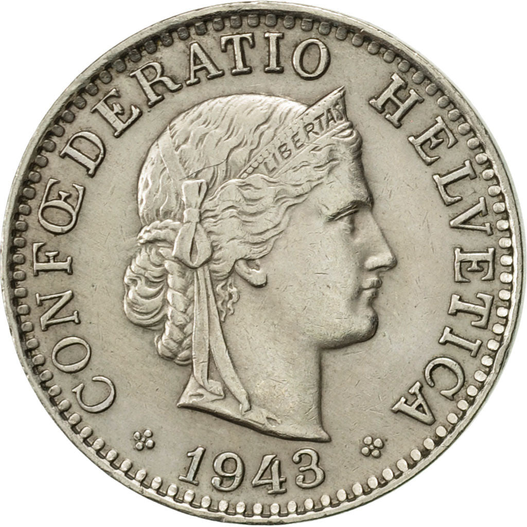 Coin, Switzerland, 20 Rappen, 1943, Bern, AU(55-58), Copper-nickel, KM:29a
