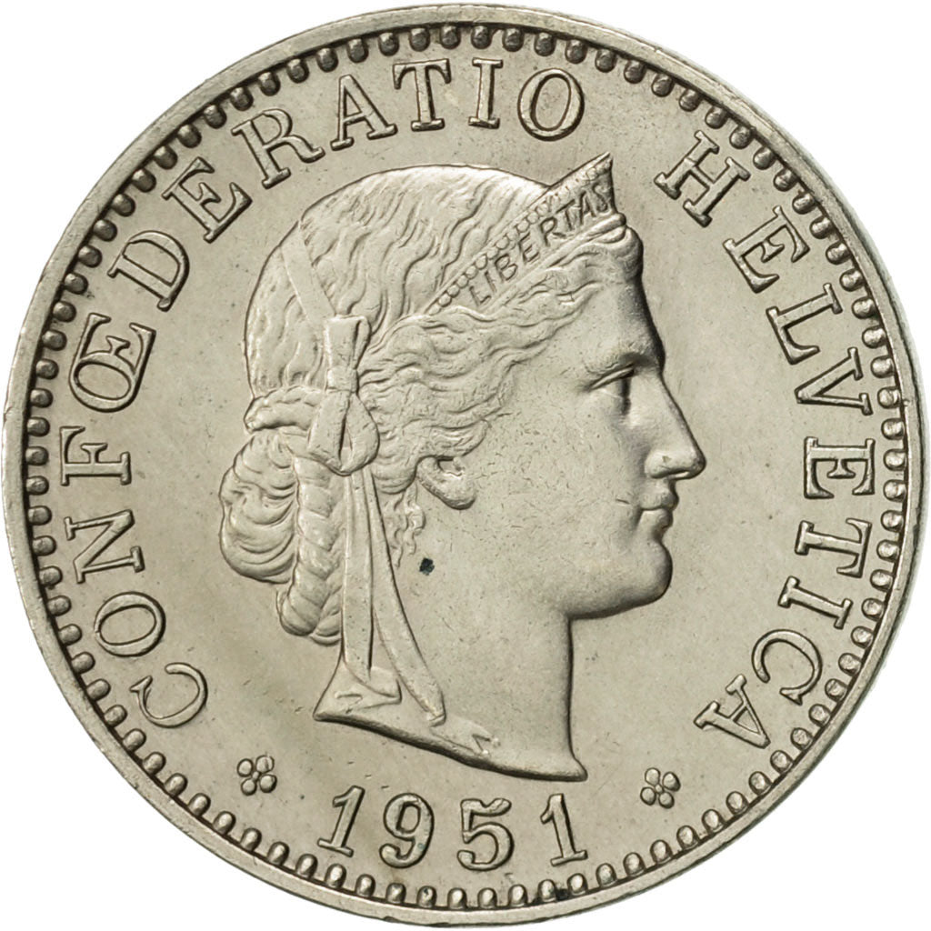 Coin, Switzerland, 20 Rappen, 1951, Bern, AU(55-58), Copper-nickel, KM:29a