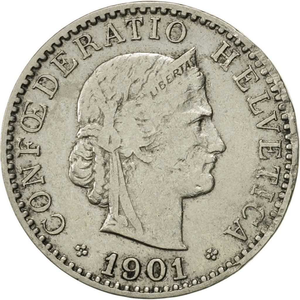 Coin, Switzerland, 20 Rappen, 1901, Bern, EF(40-45), Nickel, KM:29