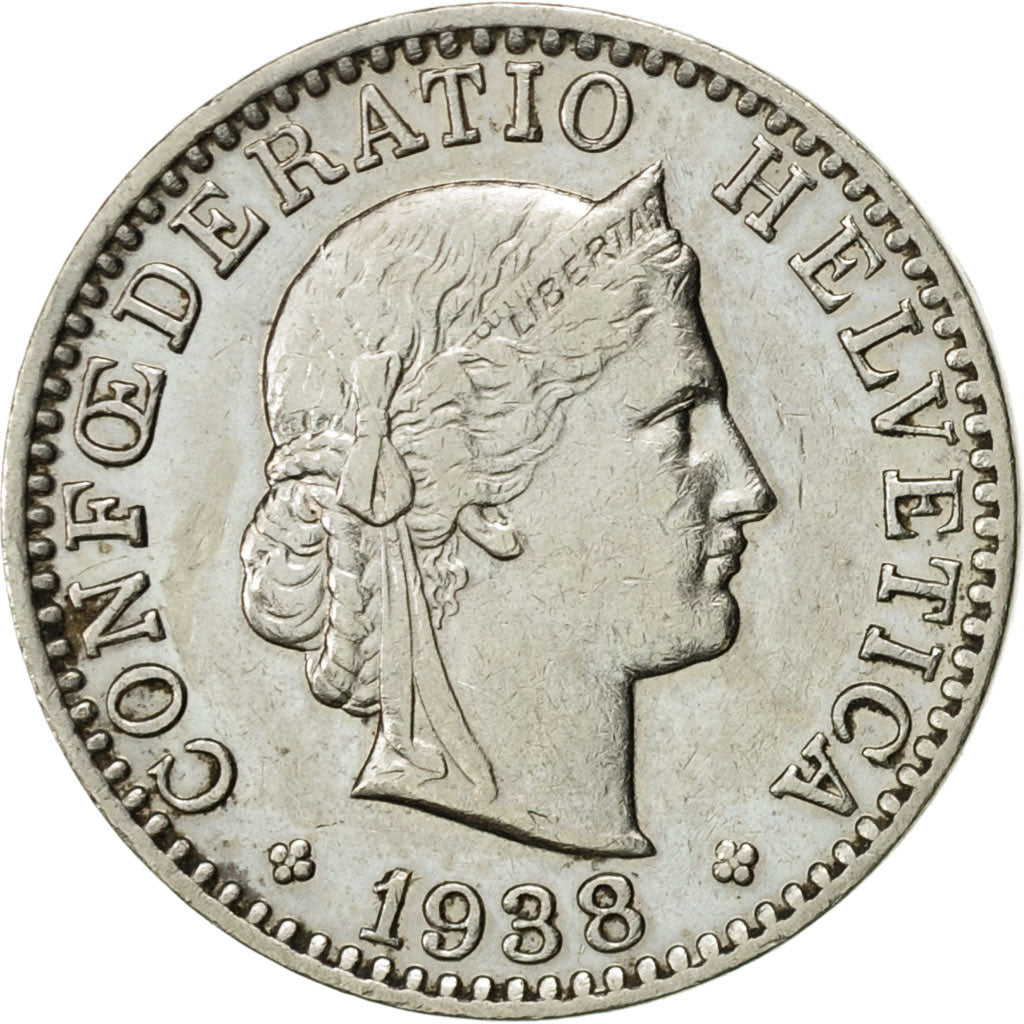 Coin, Switzerland, 20 Rappen, 1938, Bern, AU(50-53), Nickel, KM:29
