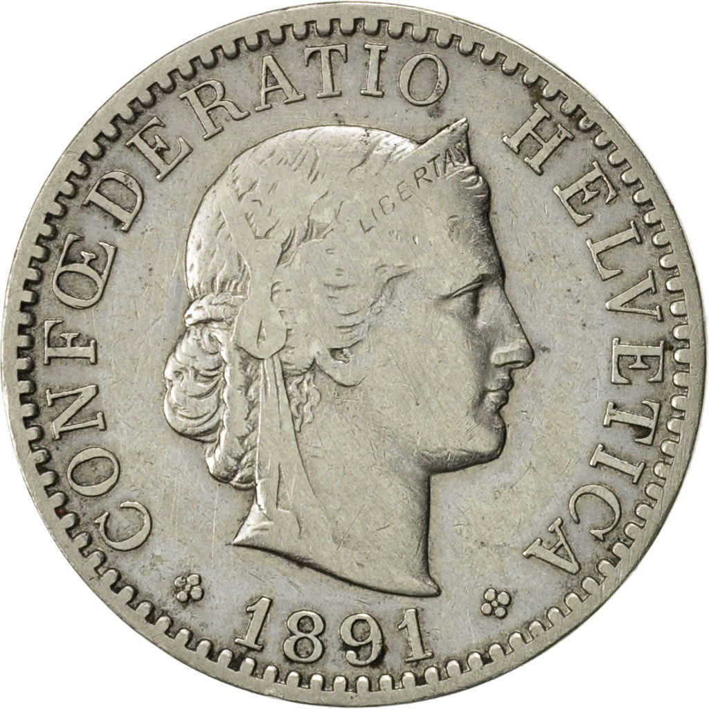 Coin, Switzerland, 20 Rappen, 1891, Bern, EF(40-45), Nickel, KM:29