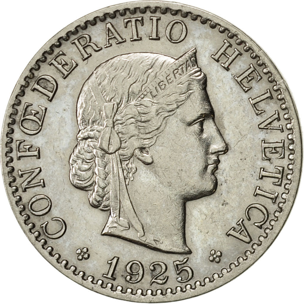 Coin, Switzerland, 20 Rappen, 1925, Bern, AU(50-53), Nickel, KM:29