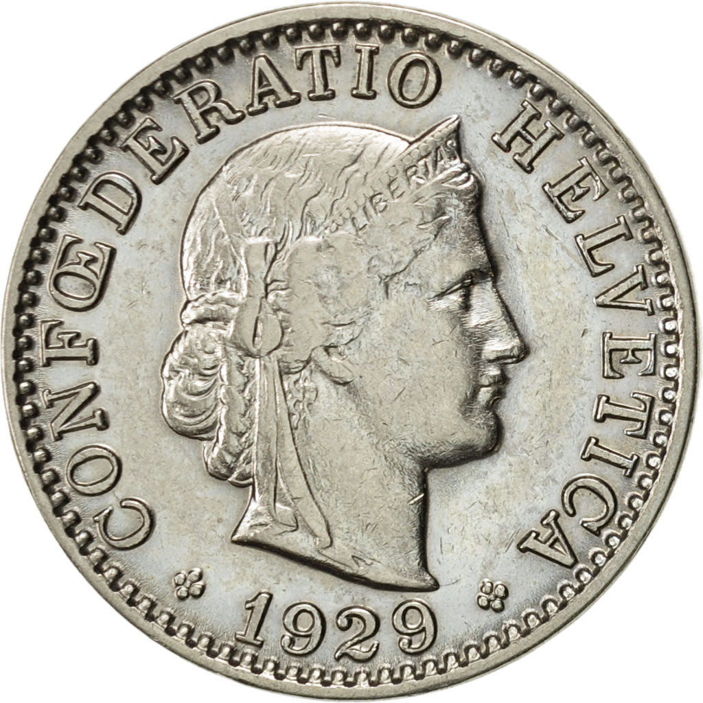 Coin, Switzerland, 20 Rappen, 1929, Bern, AU(50-53), Nickel, KM:29