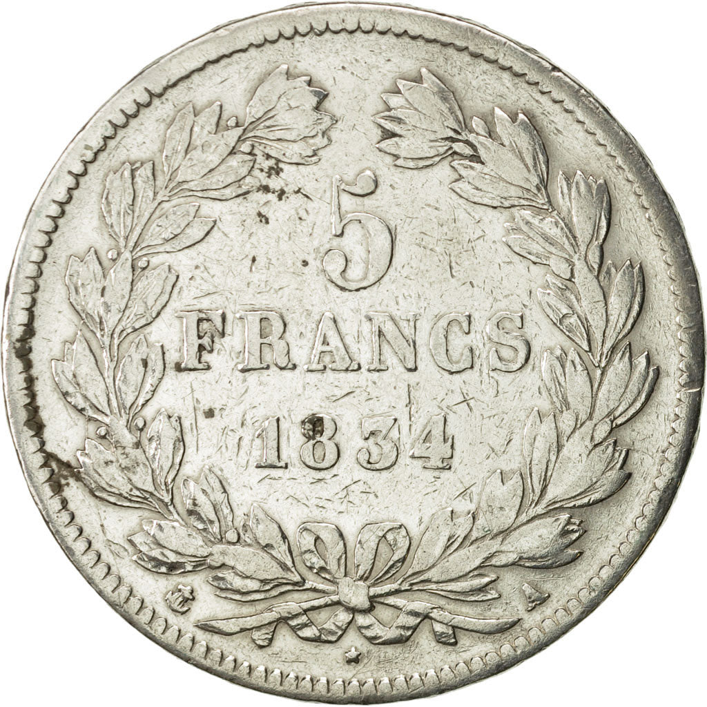 Moneta, Francia, Louis-Philippe, 5 Francs, 1834, Paris, BB, Argento, KM:749.1