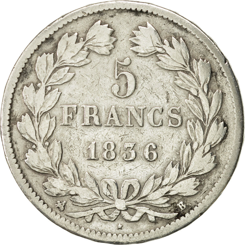 Moneta, Francia, Louis-Philippe, 5 Francs, 1836, Rouen, MB, Argento, KM:749.2