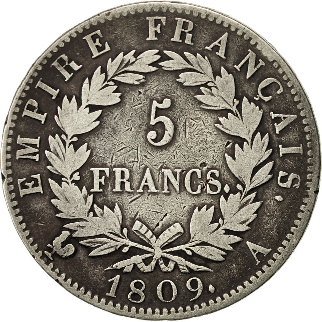 Francia, Napoléon I, 5 Francs, 1809, Paris, MB, Argento, KM:694.1, Gadoury:584
