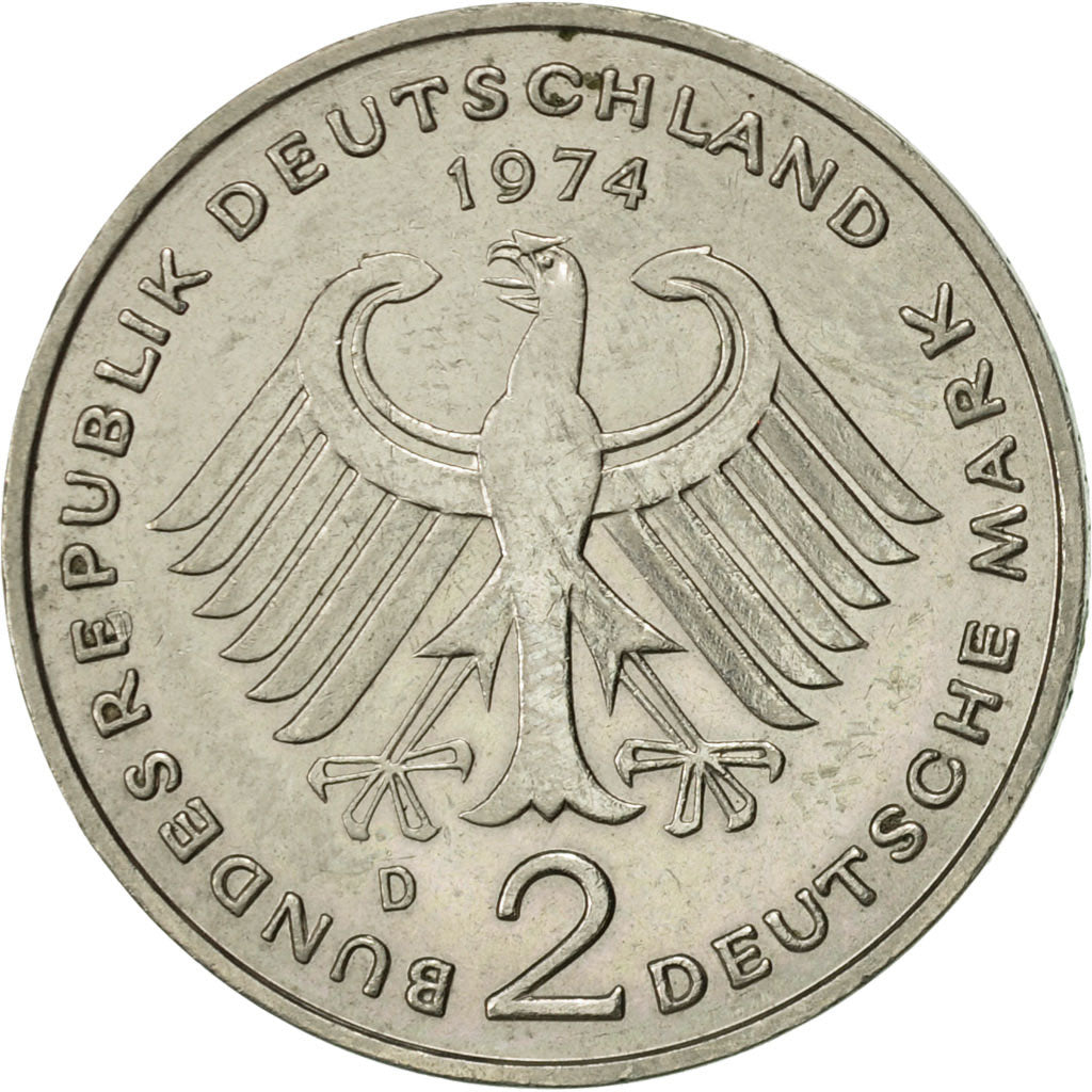 Coin, GERMANY - FEDERAL REPUBLIC, 2 Mark, 1974, Munich, AU(55-58), Copper-Nickel