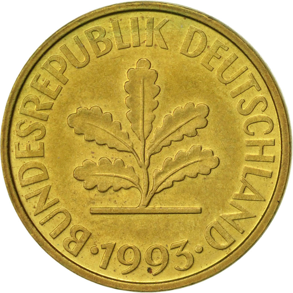 Moneda, ALEMANIA - REPÚBLICA FEDERAL, 10 Pfennig, 1993, Stuttgart, MBC+, Latón