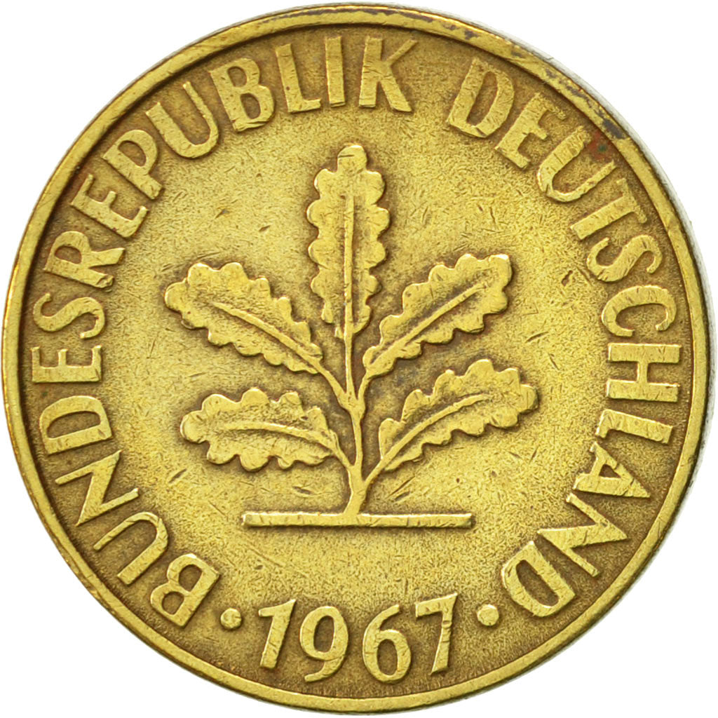 Coin, GERMANY - FEDERAL REPUBLIC, 10 Pfennig, 1967, Stuttgart, AU(50-53), Brass