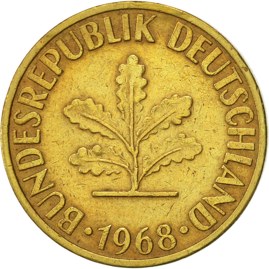 Munten, Federale Duitse Republiek, 10 Pfennig, 1968, Karlsruhe, ZF+, Brass Clad