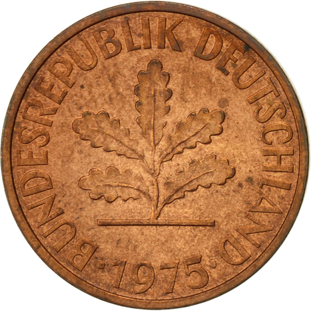 Moneda, ALEMANIA - REPÚBLICA FEDERAL, 2 Pfennig, 1975, Stuttgart, MBC, Cobre