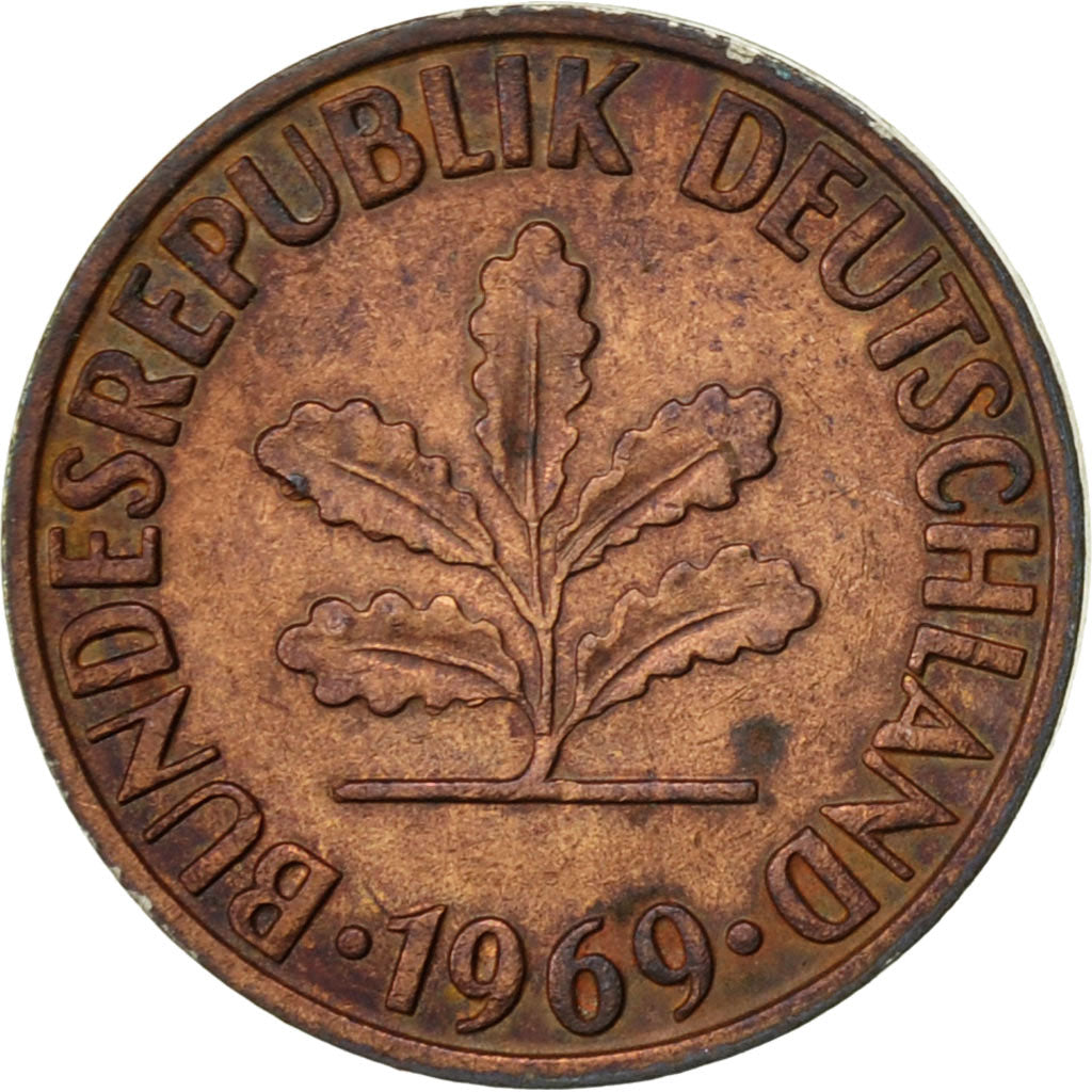 GERMANY - FEDERAL REPUBLIC, 2 Pfennig, 1969, Hambourg, EF(40-45), Copper Plated