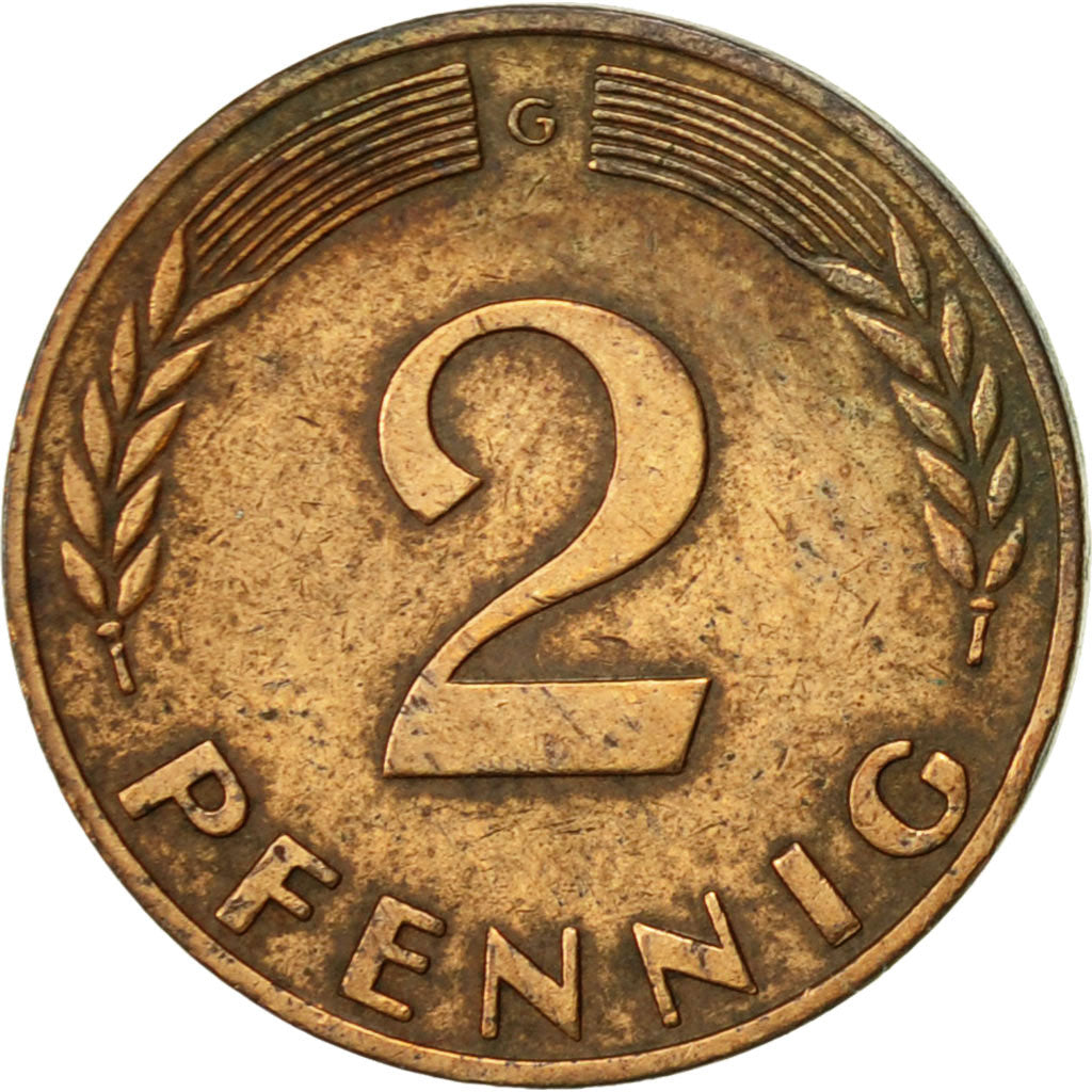 Moneda, ALEMANIA - REPÚBLICA FEDERAL, 2 Pfennig, 1968, Karlsruhe, MBC+, Cobre