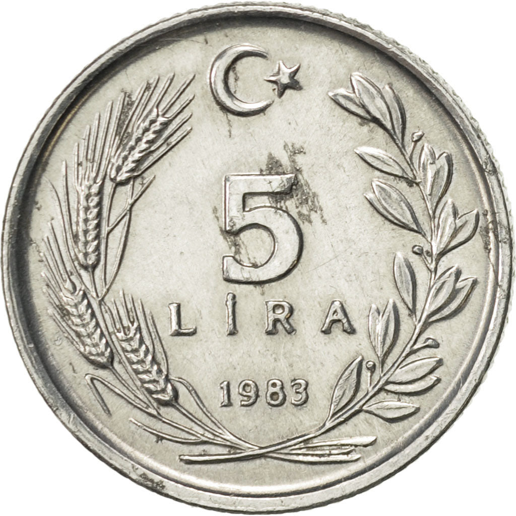 Moneta, Turcja, 5 Lira, 1983, AU(50-53), Aluminium, KM:949.2