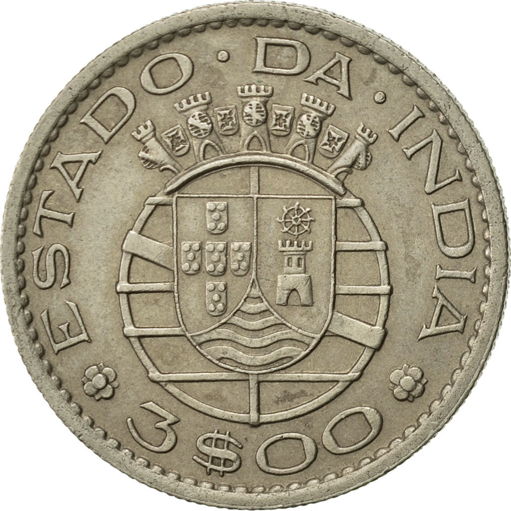 INDIA-PORTUGUESE, 3 Escudos, 1958, EF(40-45), Copper-nickel, KM:34