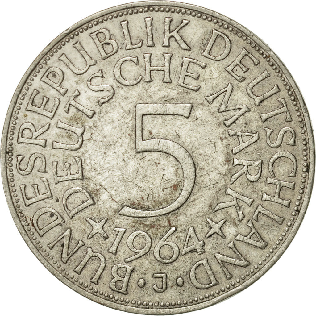 Coin, GERMANY - FEDERAL REPUBLIC, 5 Mark, 1964, Hambourg, EF(40-45), Silver