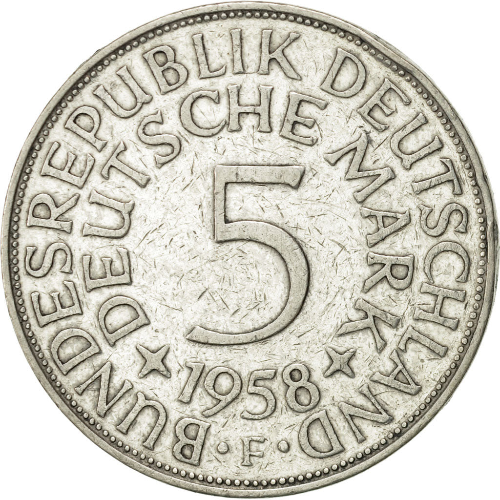 Coin, GERMANY - FEDERAL REPUBLIC, 5 Mark, 1958, Stuttgart, EF(40-45), Silver