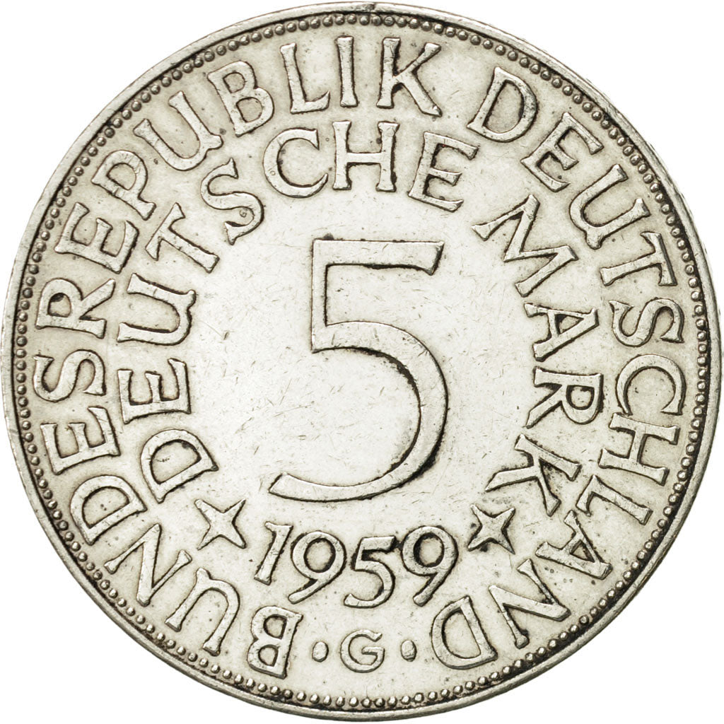 Moneta, Niemcy - RFN, 5 Mark, 1959, Karlsruhe, AU(55-58), Srebro, KM:112.1