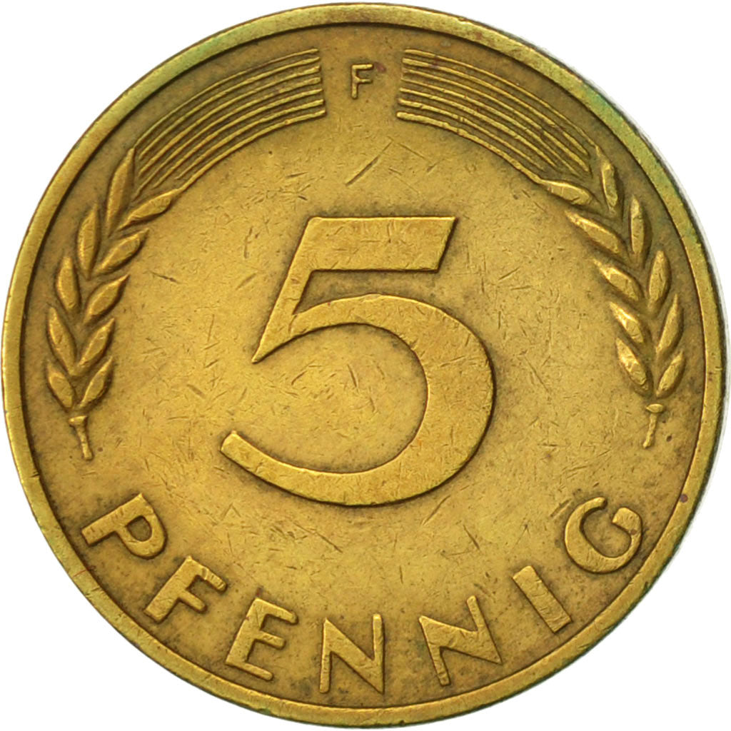 Bundesrepublik Deutschland, 5 Pfennig, 1968, Stuttgart, SS+, Brass Clad Steel