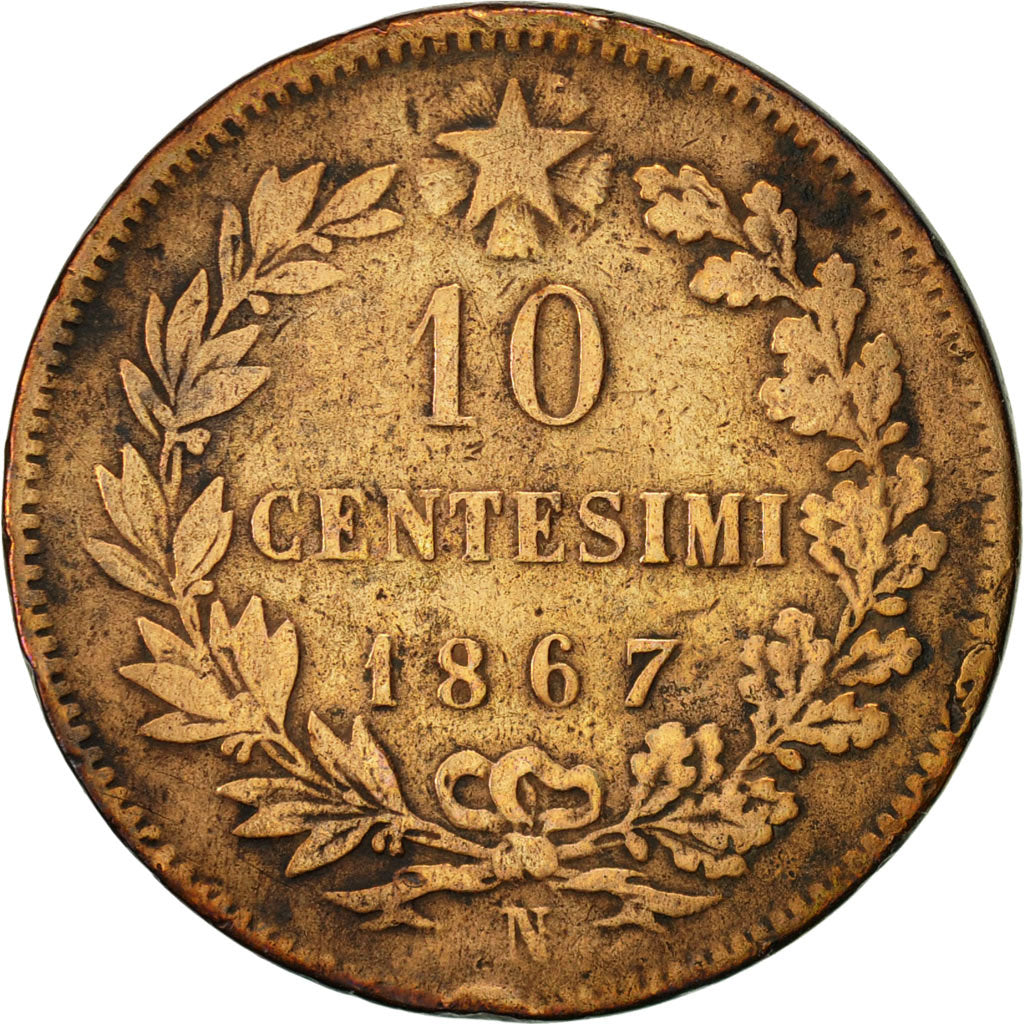 Moneta, Włochy, Vittorio Emanuele II, 10 Centesimi, 1867, Naples, VF(20-25)