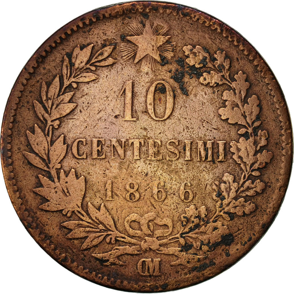 Italy, Vittorio Emanuele II, 10 Centesimi, 1866, Strasbourg, VF(20-25), Copper