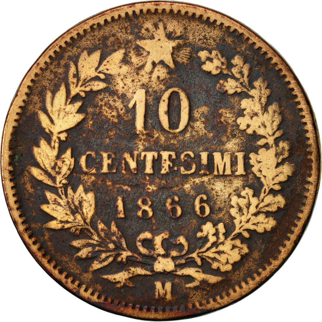 Coin, Italy, Vittorio Emanuele II, 10 Centesimi, 1866, Milan, F(12-15), Copper