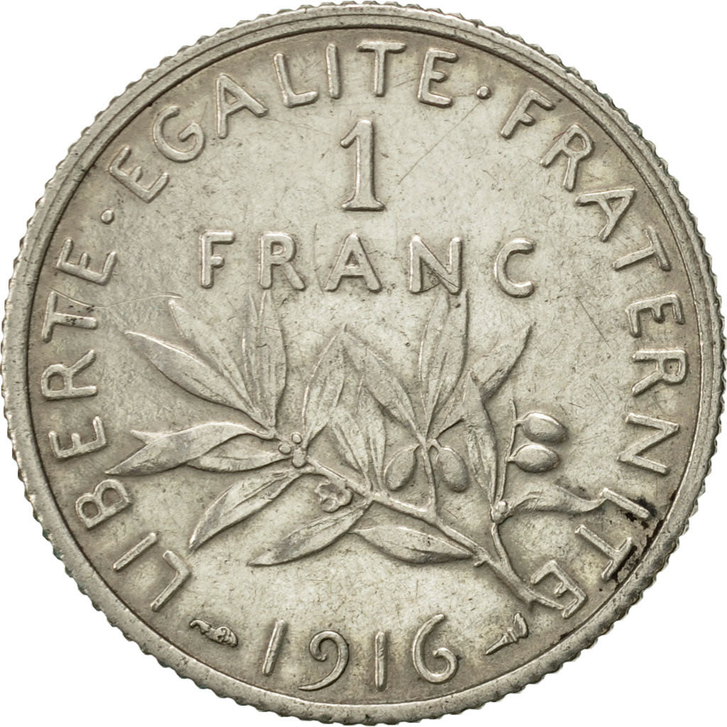 France, Semeuse, Franc, 1916, Paris, AU(50-53), Silver, KM:844.1, Gadoury:467