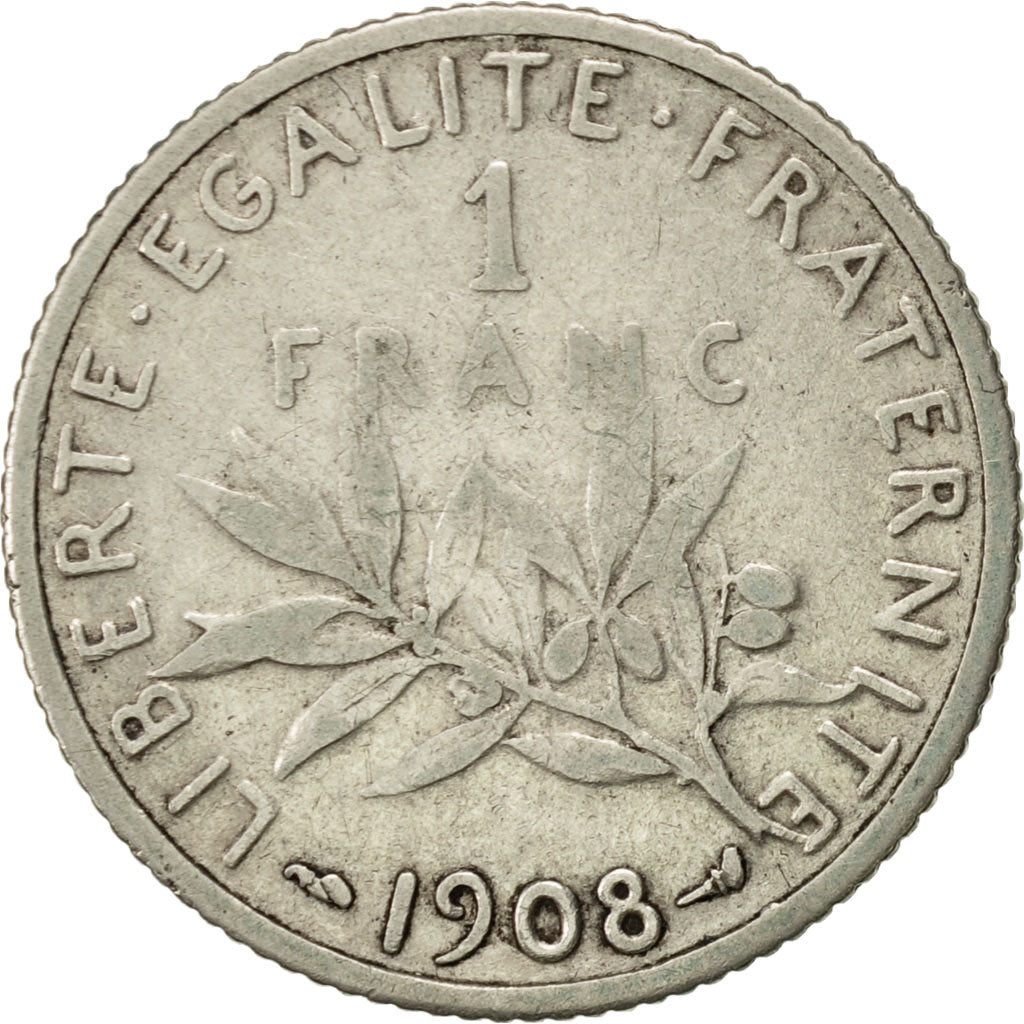 Coin, France, Semeuse, Franc, 1908, Paris, VF(20-25), Silver, KM:844.1