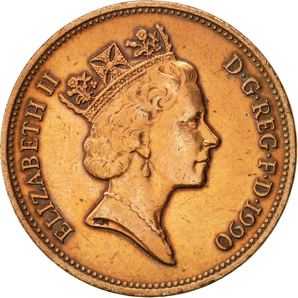 Moneda, Gran Bretaña, Elizabeth II, 2 Pence, 1990, MBC, Bronce, KM:936