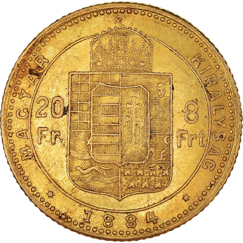 Munten, Hongarije, Franz Joseph I, 8 Forint 20 Francs, 1884, Kremnitz, ZF+