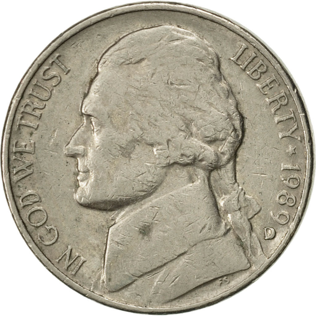 Coin, United States, Jefferson Nickel, 5 Cents, 1989, U.S. Mint, Denver
